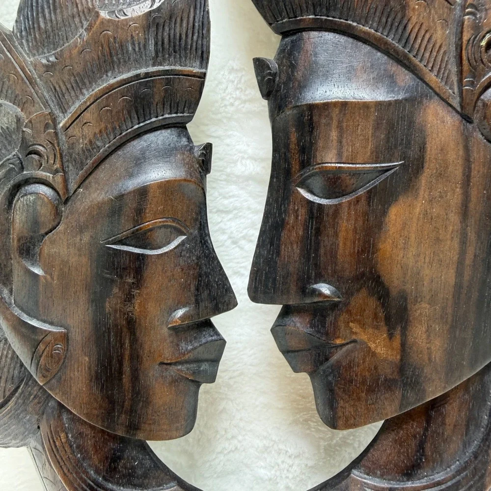 Vintage Hand Carved Wood Balinese Romantic Couple Wall Art Plaque‎ Sculpture 12